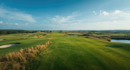 Obraz premium Top view of a sprawling golf course with healthy green turf and spacious open areas perfect for promotional text