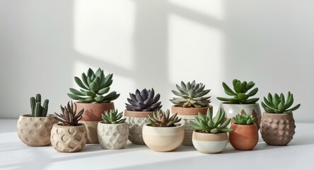 Fototapeta premium Collection of succulents in multiple flowerpots staged against a white background to add organic charm