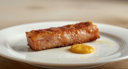crispy cooked pork belly slice paired with mustard