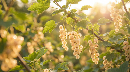 Grappes de groseilles blanches m&ucirc;res suspendues &agrave; une branche dans un verger ensoleill&eacute; &agrave; contre-jour