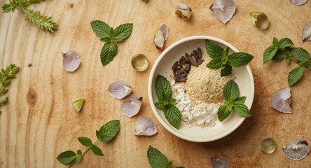 Organic cosmetic ingredients highlighted by mint herbal extracts on wooden grain texture background