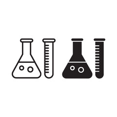 Black and white illustration of four different laboratory beakers and test tubes