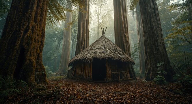 Historic wikiup hut set among towering forest trees