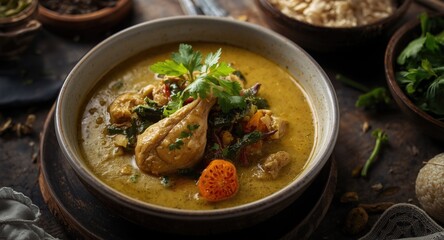 Traditional Thai green curry with chicken served without background