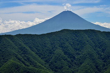 夏の富士山　御坂山地の釈迦ヶ岳山頂より望む
