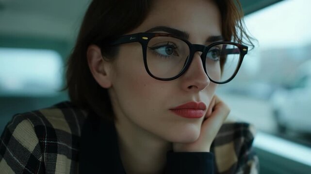 Close up shot beautiful she her business lady chief got promotion work day night first startup get some mistakes moments write down sit big office chair wear specs formal wear checkered pla.