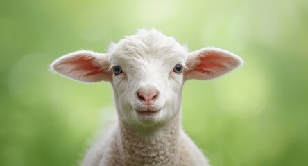 Obraz premium Playful lamb face facing forward with sparkling green background
