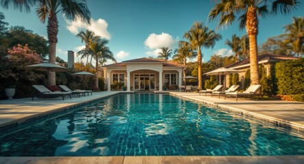 Fototapeta premium Opulent home swimming pool setting with backyard and copy space