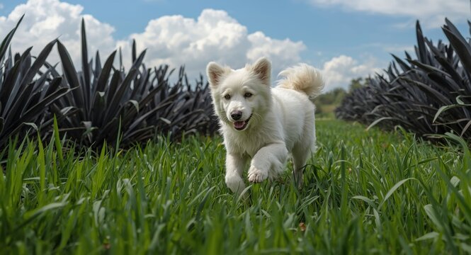 Energetic white dog romping through a rich green lawn area with black plants under a serene natural background