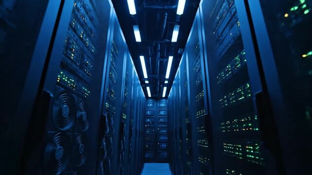 Bright overhead fluorescent lights illuminate a long, symmetrical aisle between tall server cabinets in a cool blue environment.