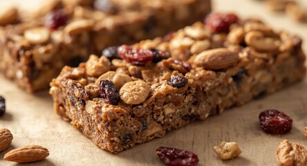 Fototapeta premium Close up view of healthy granola bars topped with assorted nuts and dried berries