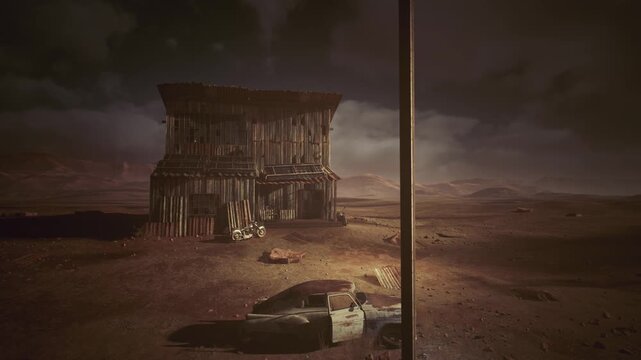 Abandoned desert shack at dusk, wrecked car in foreground under stormy sky, rusted pole beside structure, scattered debris and footprints, windblown dust