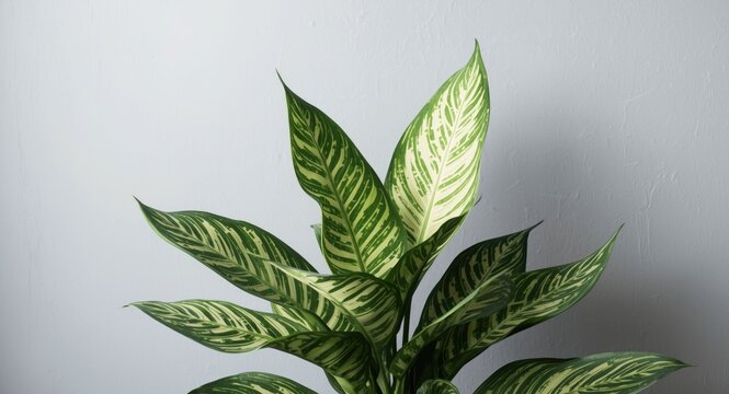 Variegated cocor bebek plant showcased on smooth gray wall with studio light effect