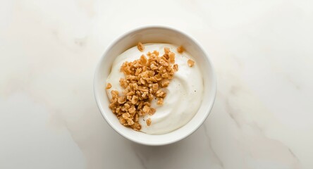 Birds eye photo of organic yogurt in a white bowl topped with crunchy granola clusters