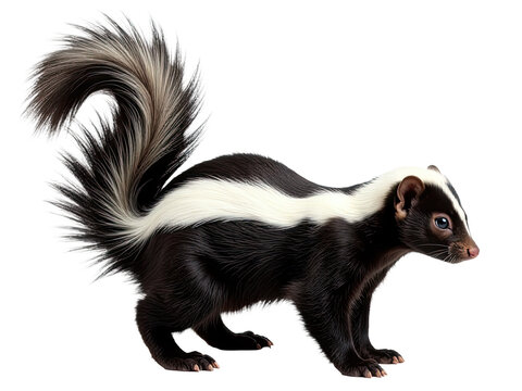 A striped skunk stands on a white surface, ready to defend its territory