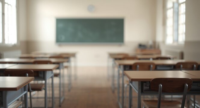 Blurred empty school class setting with vintage furniture and no students present