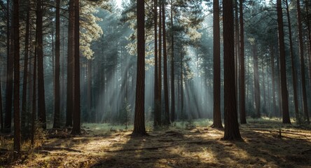 Fototapeta premium Sunlight casting light beams between tall pine forest trunks