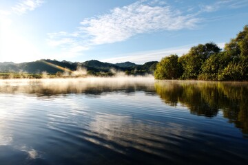 Fototapeta premium Mist Rising Subtly from Water Surface in Early Morning Light Over Calm Lake