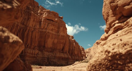 Close up of towering desert sandstone rocks with textured brown details and a clear sky