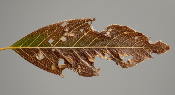 Macro shot of a teak tree leaf with visible harm from specialized moth and worm species