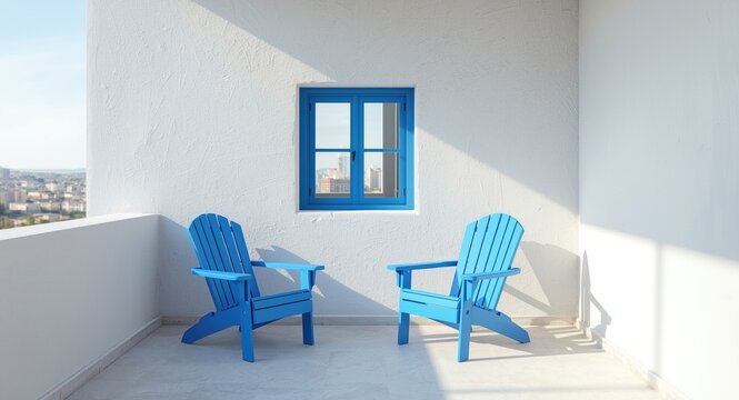 Tranquil balcony view displaying blue chairs and a happy blue swing window beside white cement wall