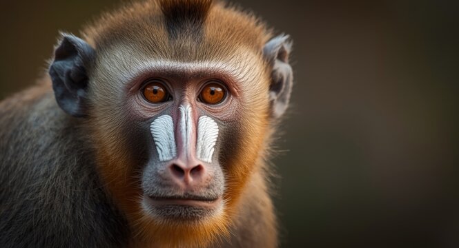 Vulnerable Mandrillus sphinx monkey close-up emphasizing striking orange eyes and white mouth features