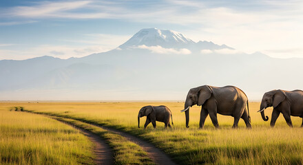 African Elephants Walking in a Grassy Field with a Snowcapped Mountain in the Background