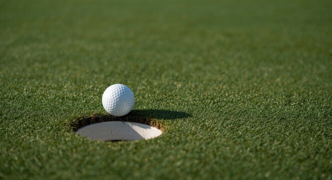 Tight shot of a golf ball on a well maintained green near the hole with wide open copy space