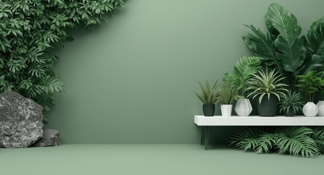 Stylish white stage shelf complemented by layered tropical foliage and muted rock green backgrounds