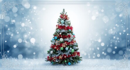 Obraz premium Simple Christmas tree graphic featuring a clean holiday backdrop accented by blue white and red and a decorative border
