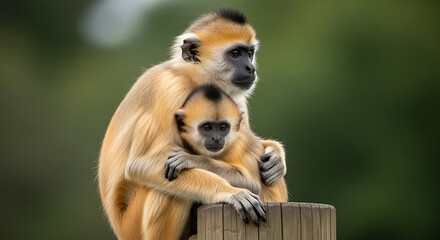 Obraz premium Gibbon Monkeys Hugging on Wooden Post in Forest Environment