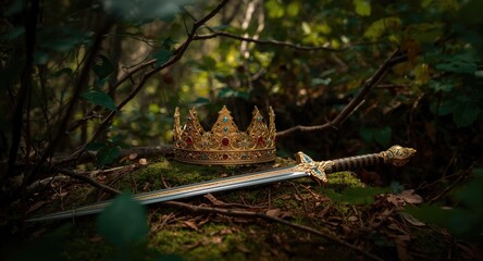 Obraz premium Golden king crown and sword of the medieval period framed by dark forest foliage