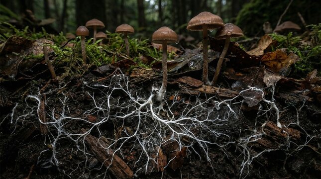 Fungal network thriving in forest ecosystem with mushrooms and mycelium