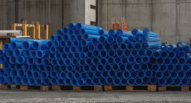 Focused shot of blue PVC plumbing pipes arranged on pallets at a construction site