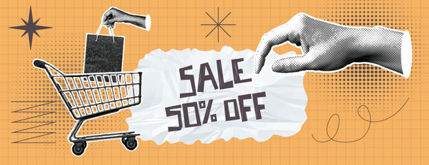 Retro sale promotion horizontal banner design with pop art style shopping cart and hand elements, modern advertising social media cover or header with halftone and paper cutout aesthetics © Nusrat