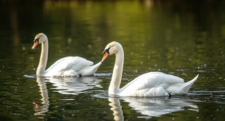 Naklejka premium Charming swans gently paddling through clear waters