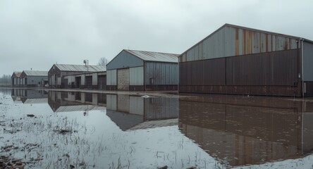 Naklejka premium Floodwaters from swollen river impacting several industrial warehouses