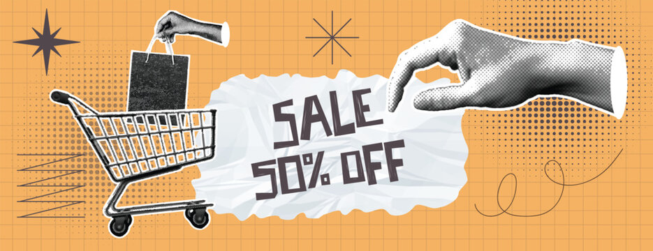Retro sale promotion horizontal banner design with pop art style shopping cart and hand elements, modern advertising social media cover or header with halftone and paper cutout aesthetics