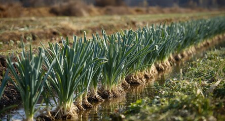 Fototapeta premium Healthy leek and onion plants irrigated via water canals designed for sustainable farming and pollution control