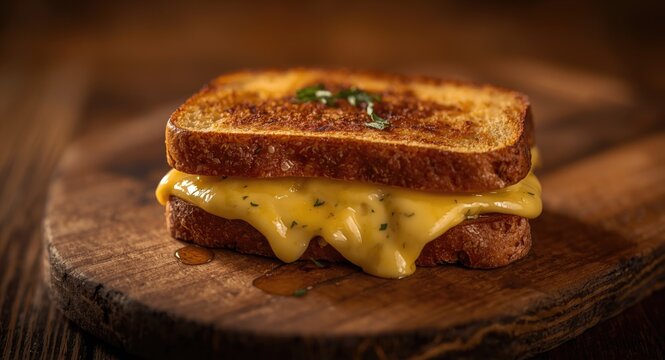 Toasted croque monsieur sandwich with creamy filling served on wood board
