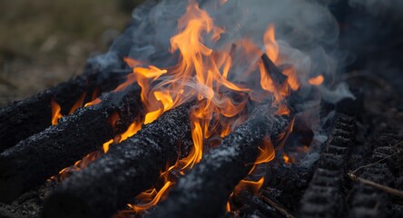 Smoky fire climbing over charred wooden beams