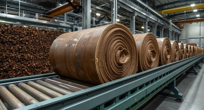 Natural rubber bales transported on a mechanized belt inside a highly efficient manufacturing plant