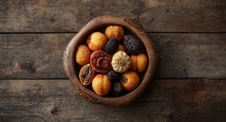 Obraz premium Top angle view of Central Asian dried fruits arranged in handcrafted bowl on wooden surface