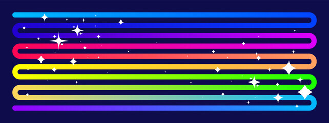 Dynamic continuous multicolor gradient swirling stripe and whites sparkling stars symbols, long rainbow ribbon with shifting bright colors, geometric smooth neon curved shape for design