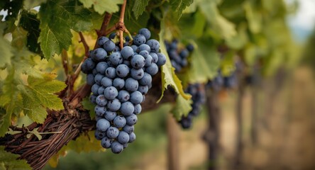 Fototapeta premium Vineyard grapes cluster ripe and plump hanging on vine during harvest season