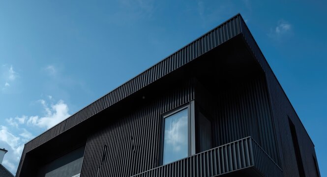 Clean and modern residential exterior with a prominent black architectural style