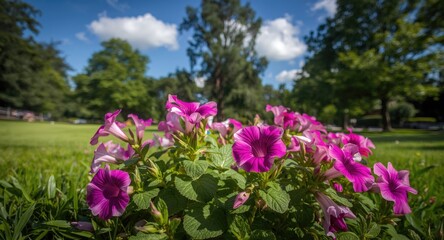 Obraz premium Petunia flowers blooming brightly in a peaceful green park setting