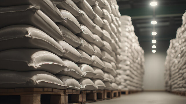Stacks of white sacks containing agricultural products or industrial raw materials organized on wooden pallets within a large, modern warehouse for storage and distribution