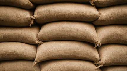 Fototapeta na wymiar Sandbags stacked creating a fortified barrier, illustrating protection, defense, and emergency preparedness against flooding and natural disasters, showing texture detail