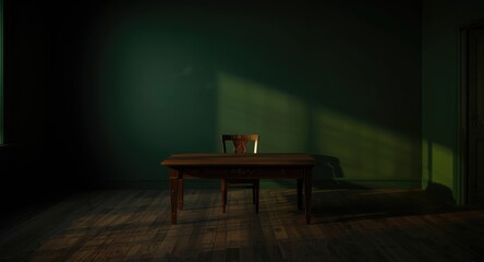 Fototapeta premium Room painted in deep green color with wooden table and green chair seating